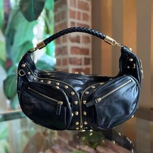 VERSACE Repeat Black Patent Leather Studded Shoulder Bag